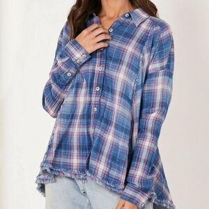 We The Free Plaid Button Down Shirt in Blue and Pink